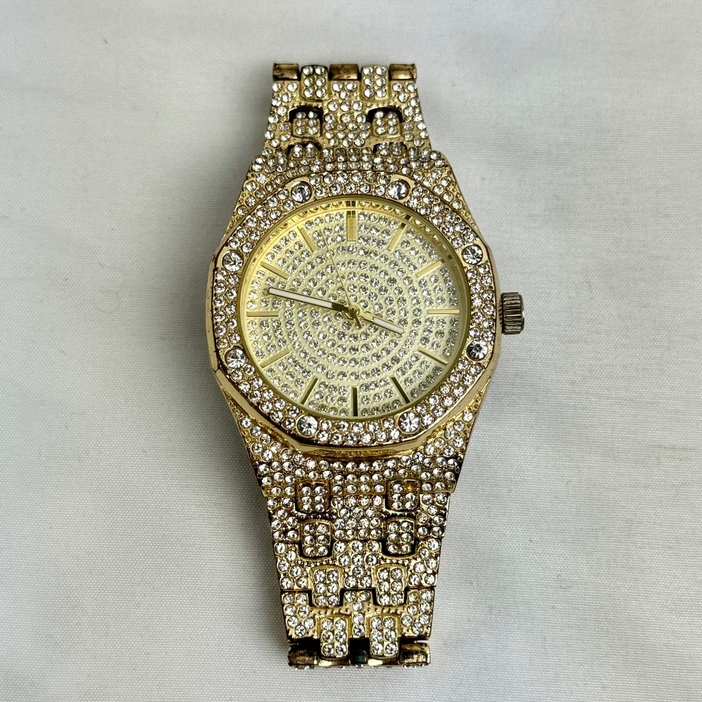 Techno Pave Quartz Watch Men Hip Hop Iced Gold Metal Bracelet Band 8651NS